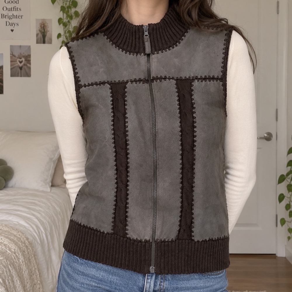 Brown Suede leather Knit Full Zip Vest Mock Neck Vintage S boho indie